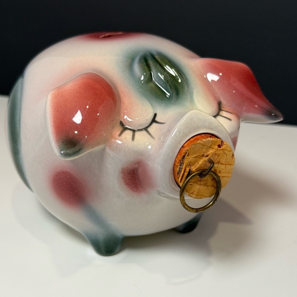 Hull Pottery Corky Pig Piggy Bank Pink Green Vintage
